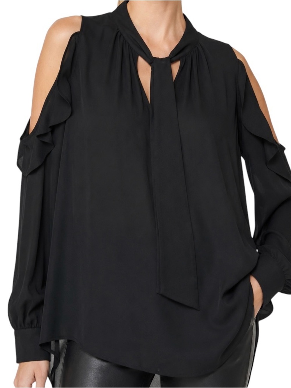 Ann Taylor Black Ruffle Cold Shoulder Blouse Tall Large